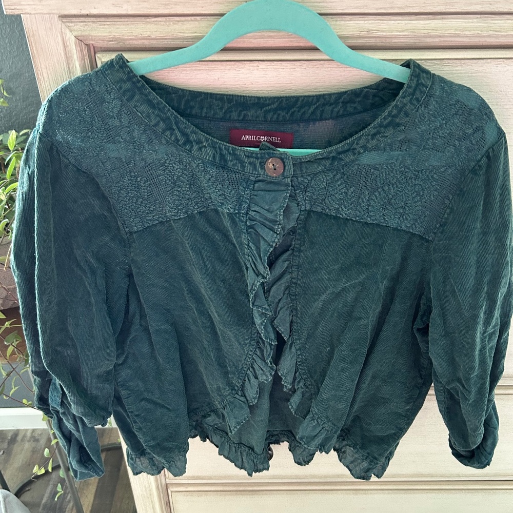 April Cornell Corduroy and Lace Green Women’s Short Button Up Jacket XL